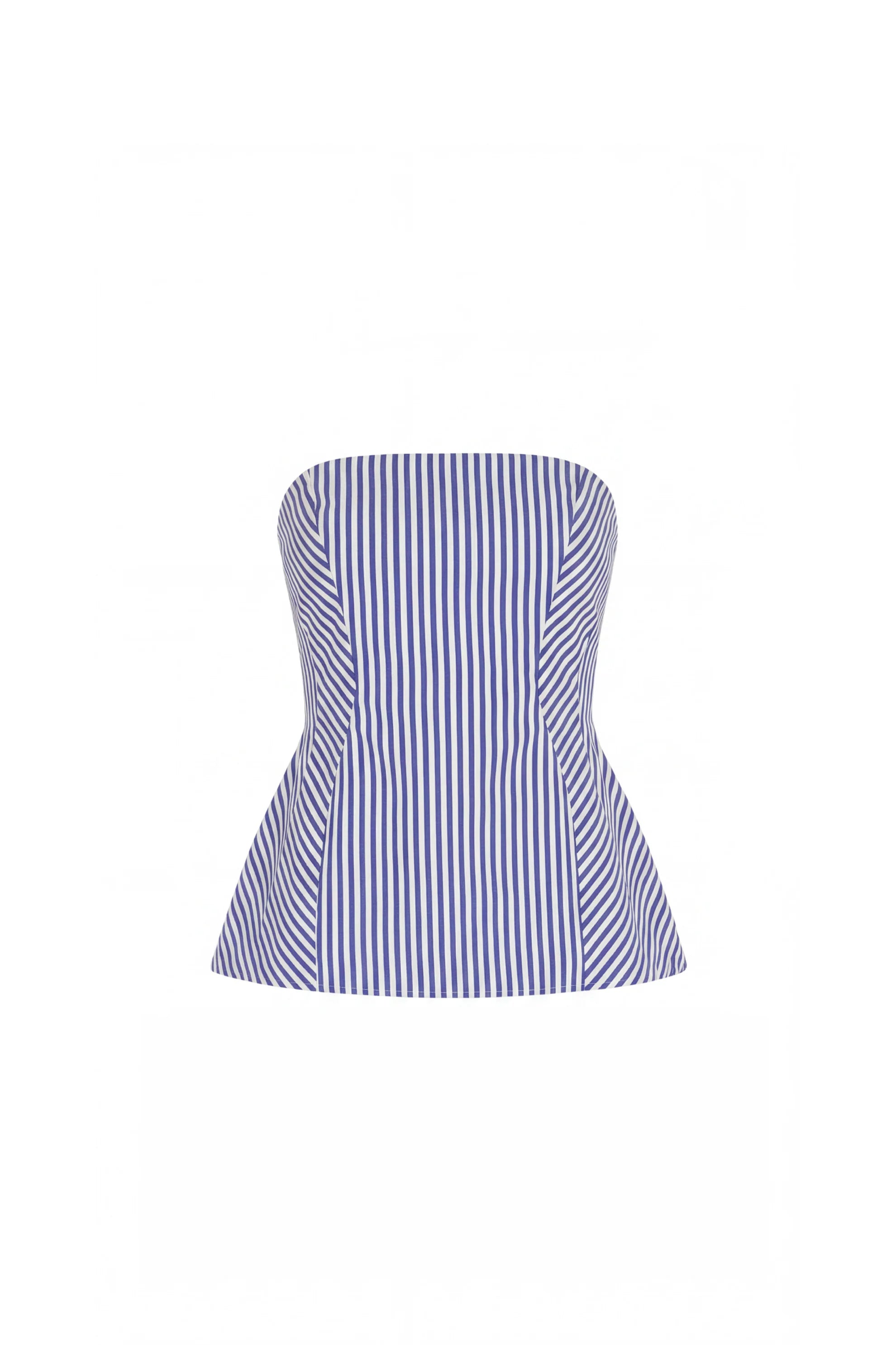 photo of a strapless top with blue and ivory stripes on a white backgroubd