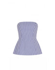 photo of a strapless top with blue and ivory stripes on a white backgroubd