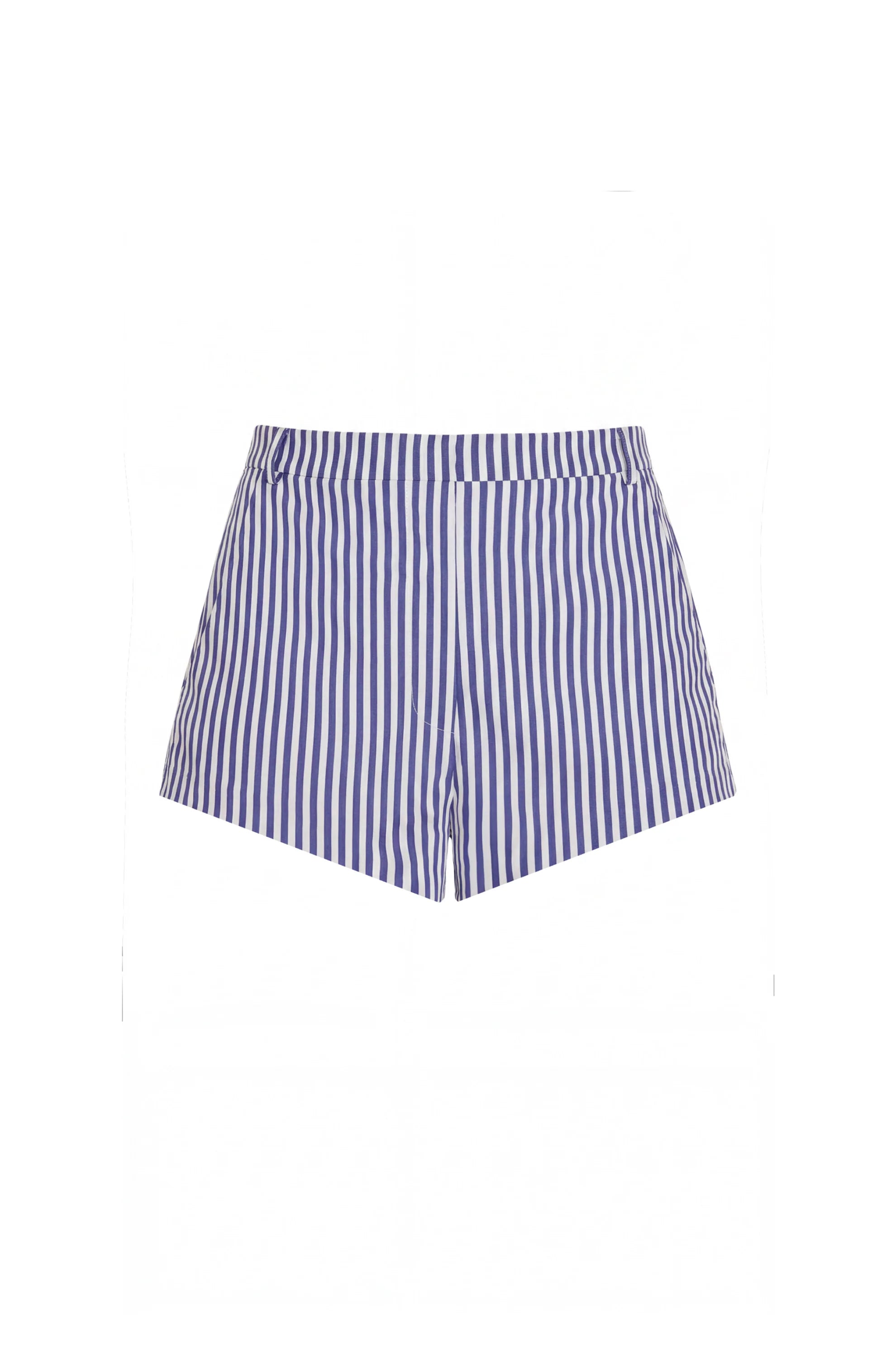 photo of striped blue and ivory shorts on a white background