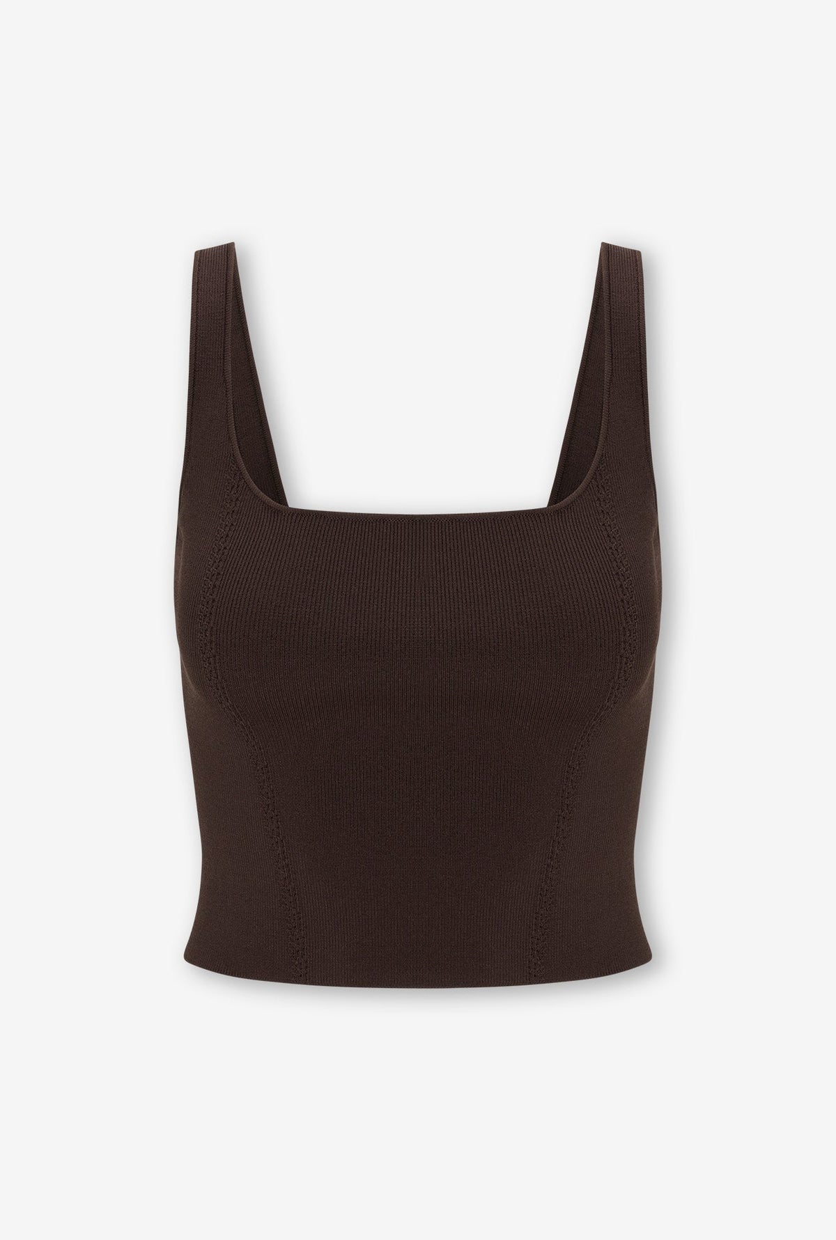 A dark brown ribbed knit crop top with a square neckline and wide shoulder straps, shown against a plain white background.