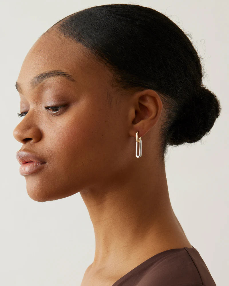 Teeni Detachable Link Earrings in Two-Tone side view on model