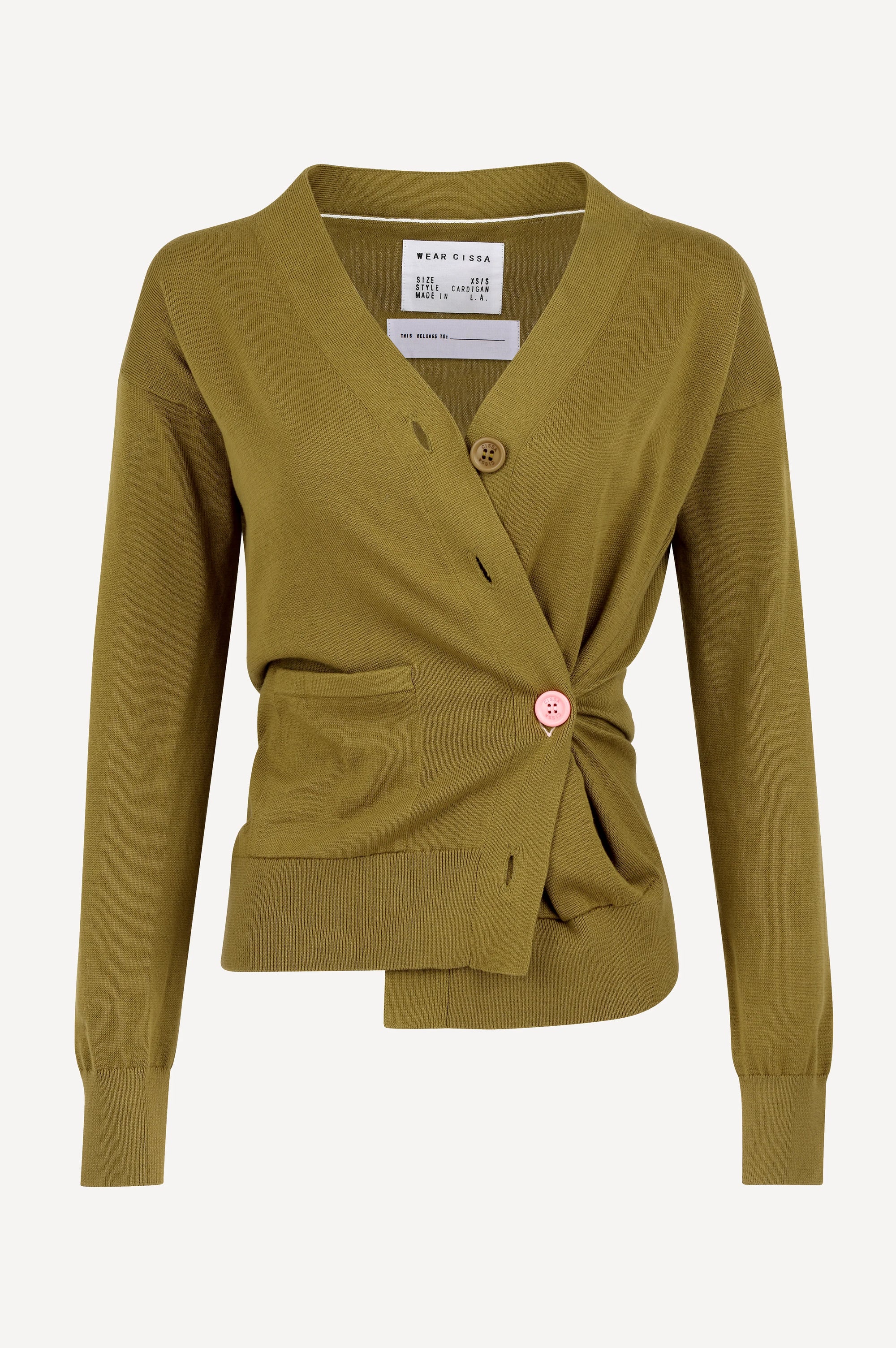 Green cardigan with a button on a white background