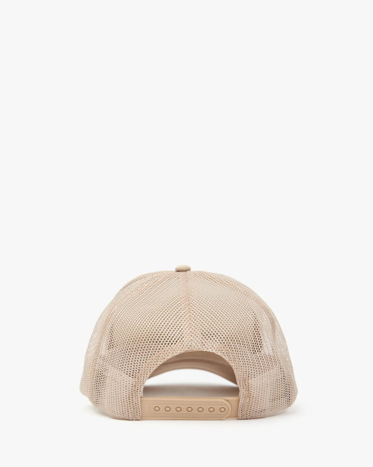 A beige mesh back baseball cap shown from the rear, featuring a matching beige fabric snapback closure with adjustment holes, set against a plain white background.