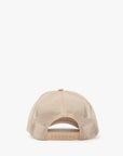 A beige mesh back baseball cap shown from the rear, featuring a matching beige fabric snapback closure with adjustment holes, set against a plain white background.