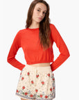 Jaye Cropped Knit Top Goji and Oslo Silk Cotton Short Heirloom Bandana close up front