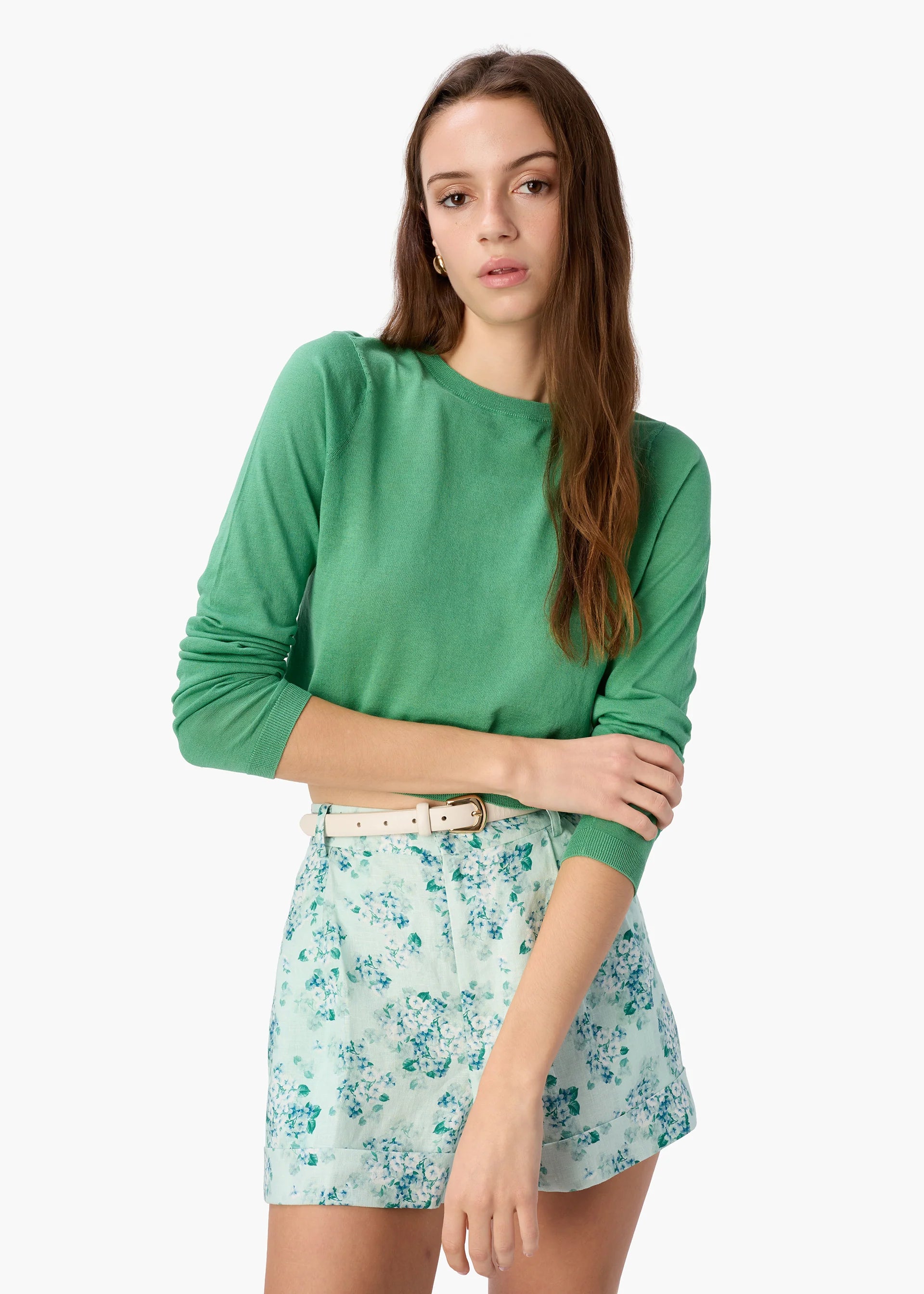 Jaye Cropped Knit Top Meadow with floral shorts