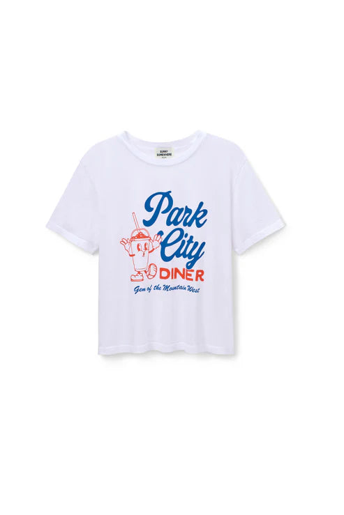White t-shirt with 'Park City Diner' graphic design on a white background