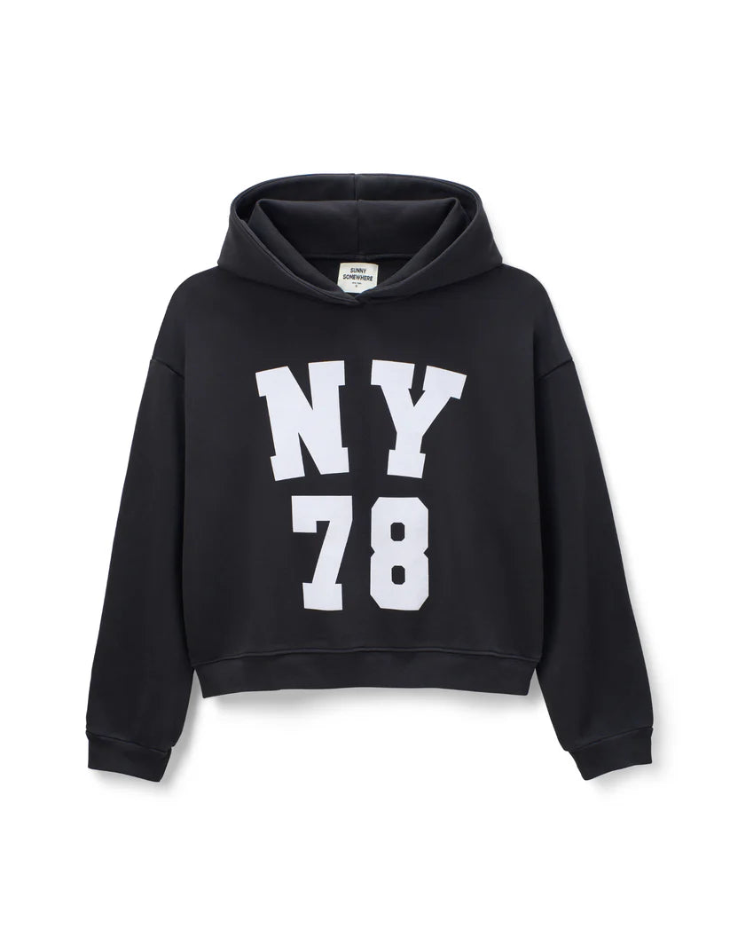 Black hoodie with 'NY 78' print on a white background