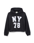 Black hoodie with 'NY 78' print on a white background