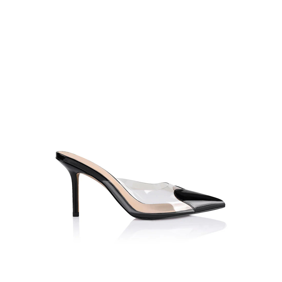 Black high-heeled shoe with clear plastic sole on a white background