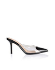 Black high-heeled shoe with clear plastic sole on a white background