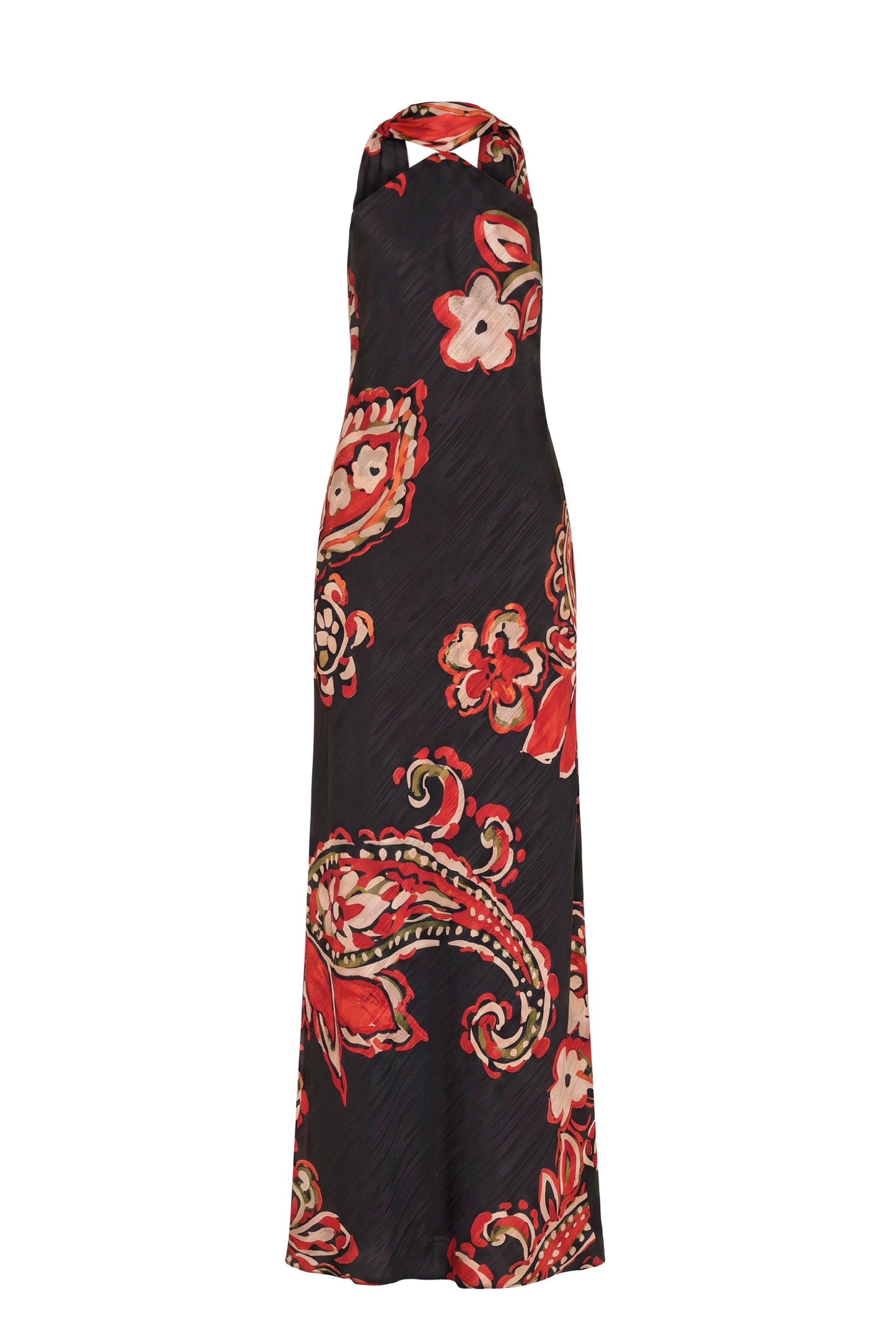 A halter-neck maxi dress with a black base and a vibrant red, orange, and beige paisley and floral pattern, shown against a plain white background.