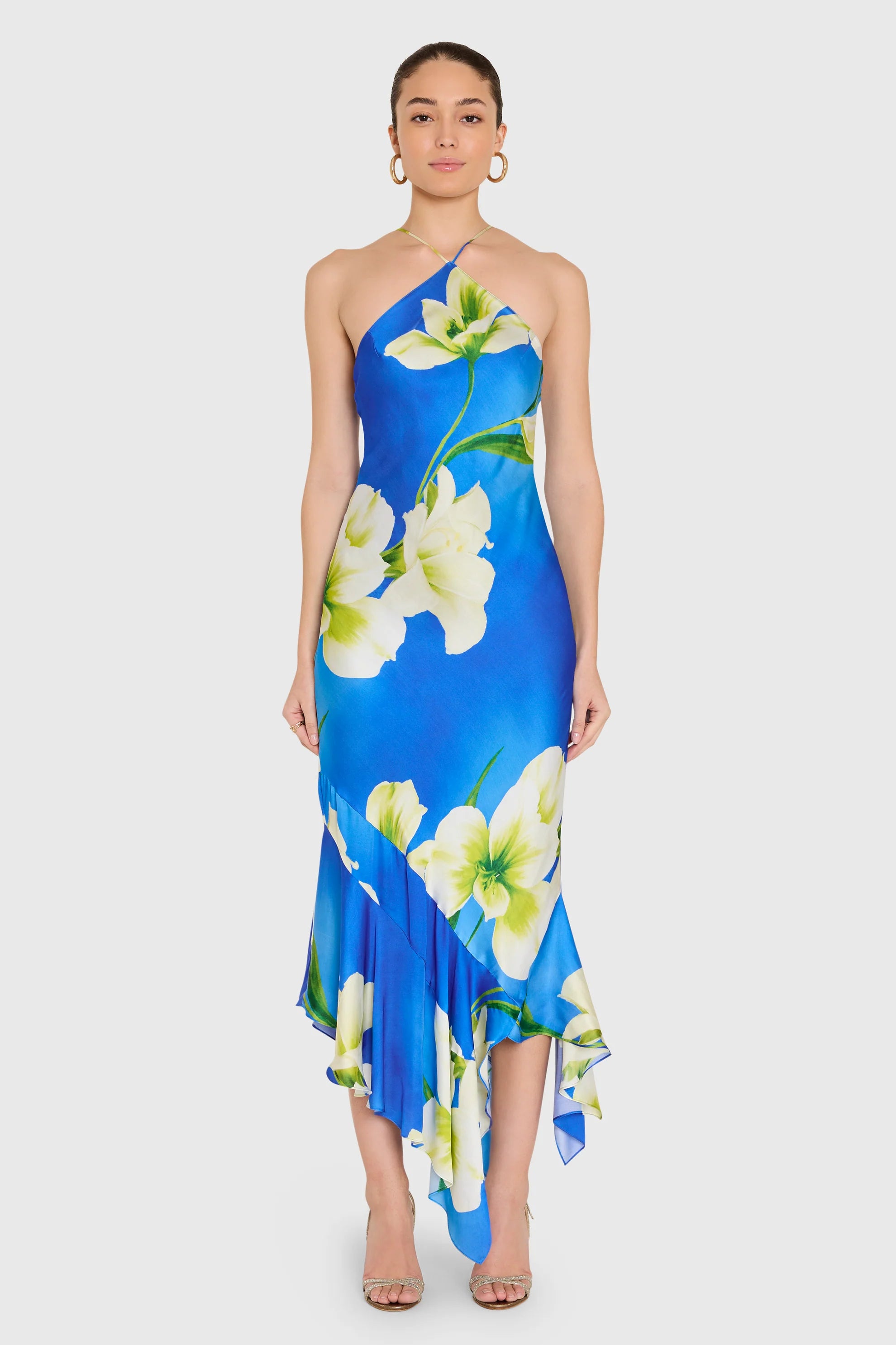 model wearing a blue dress with white flowers on a white background