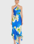model wearing a blue dress with white flowers on a white background