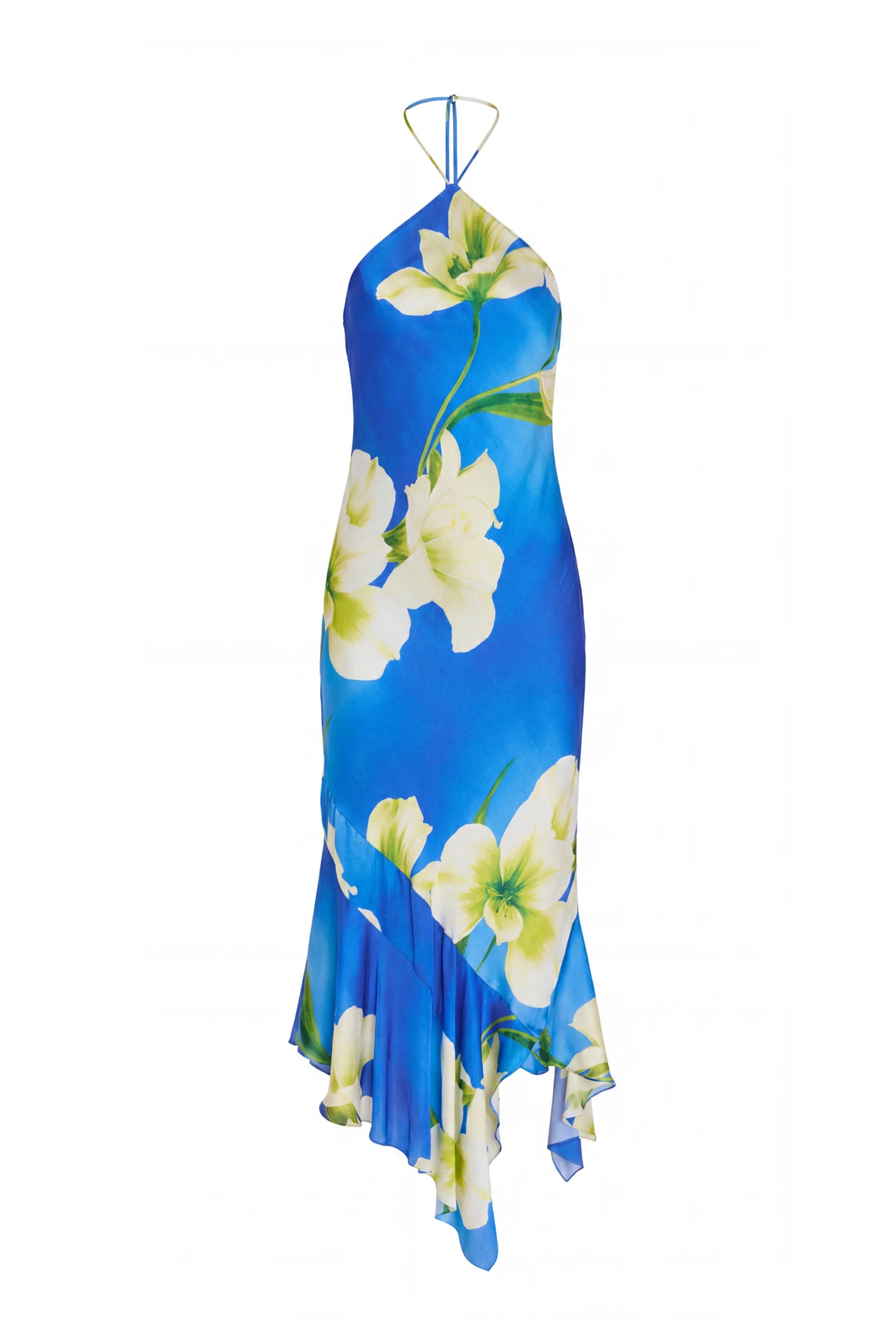 photo of a blue dress with white flowers on a white background