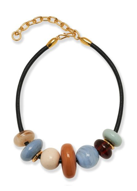 Necklace with multicolored beads and a gold chain on a white background