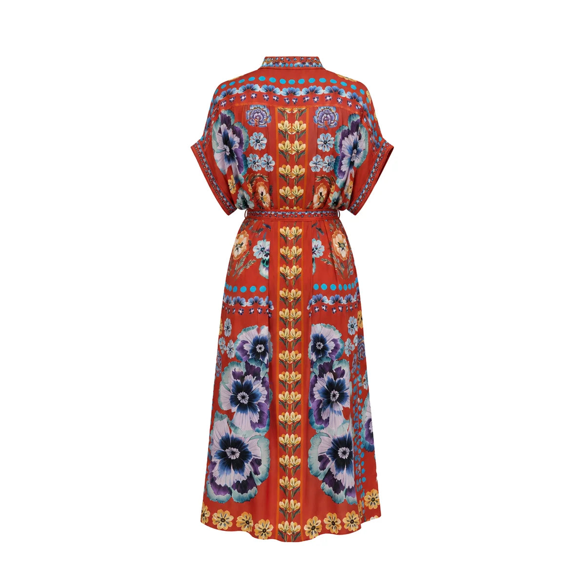 A short-sleeved midi dress with a high collar and a self-tie waist, featuring a vibrant orange-red base with a multicolor bohemian floral and geometric print, shown from the back against a plain white background.