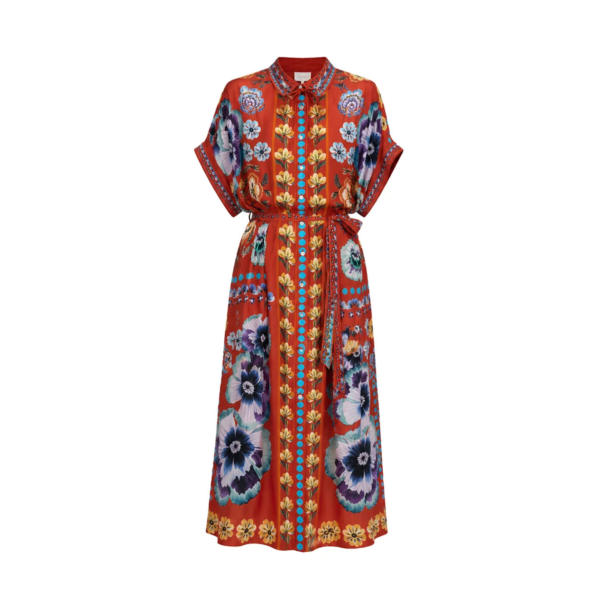 A vibrant red kaftan dress featuring a colorful floral and geometric print, with a matching tie belt at the waist, shown against a plain white background.
