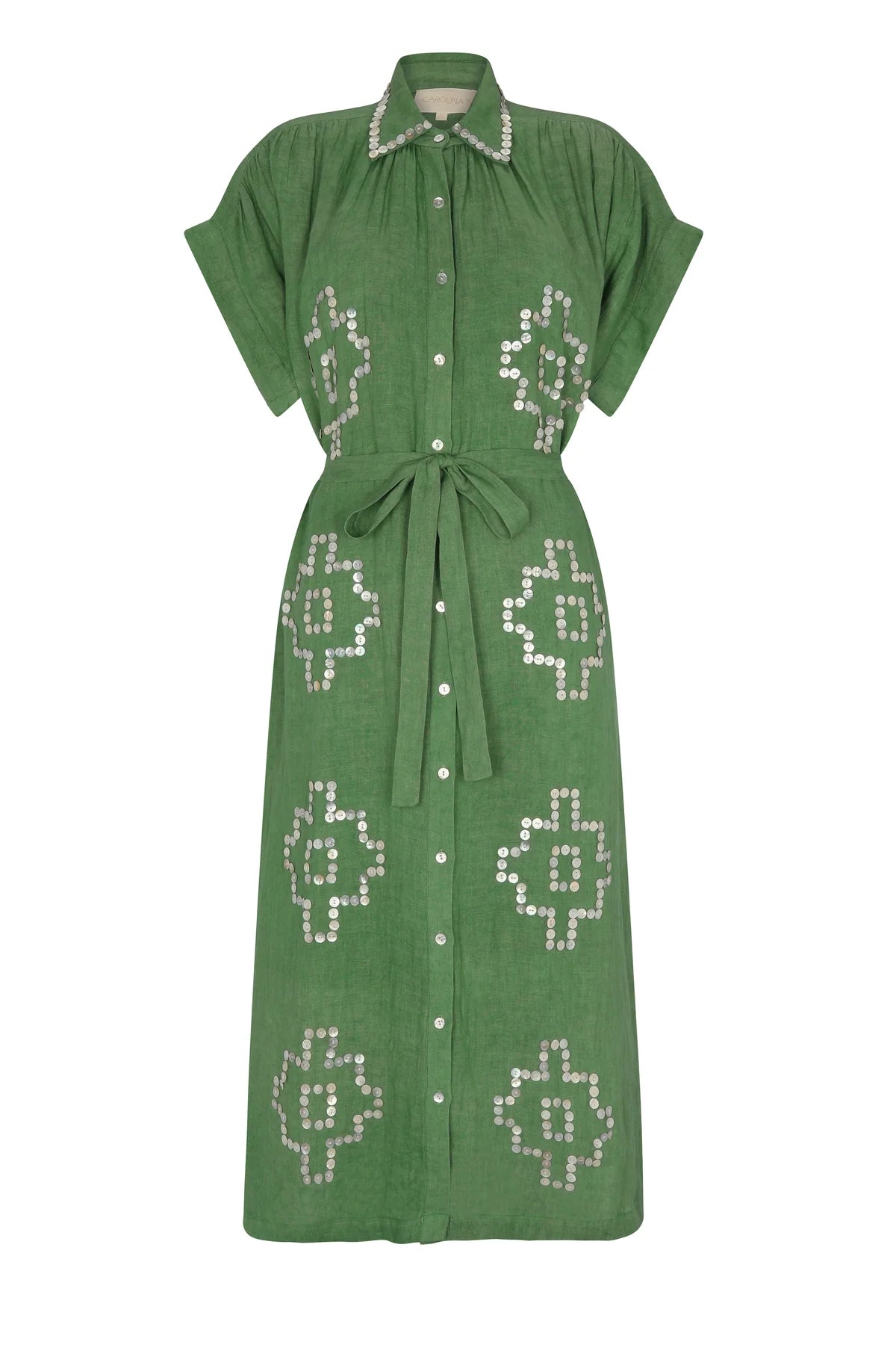 Green dress with floral patterns on a white background