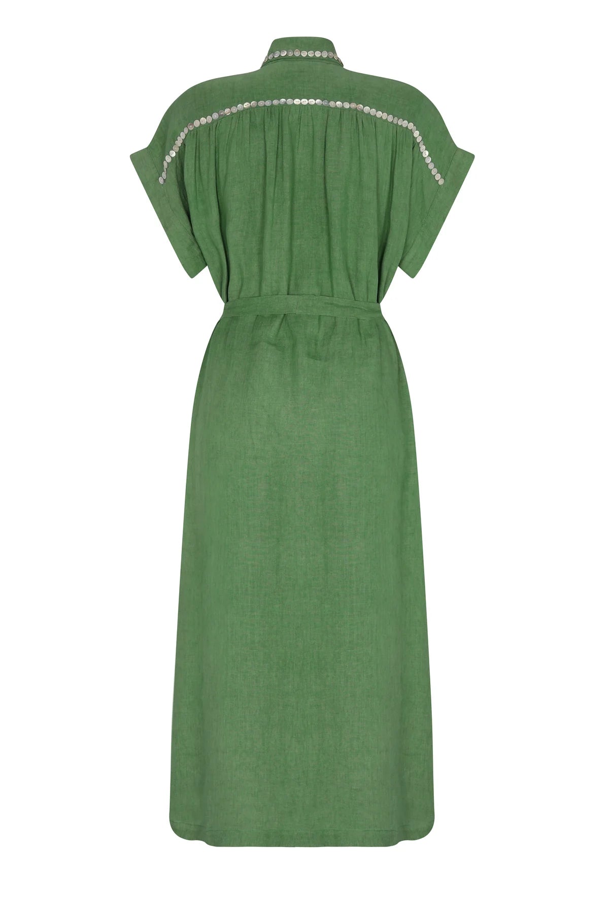 Green dress with white trim on a white background