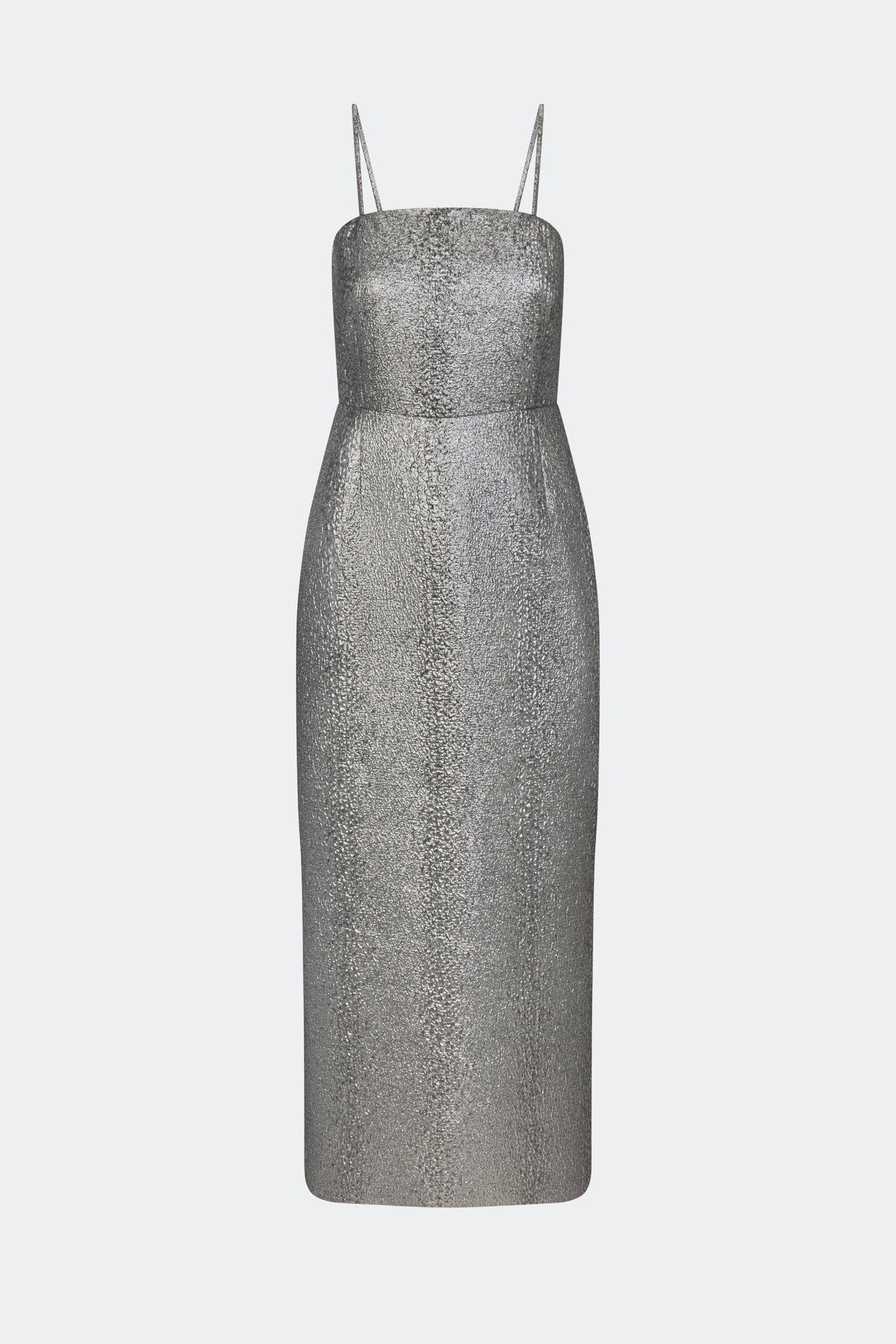 A sleeveless metallic silver midi dress with thin spaghetti straps, shown against a plain light gray background.