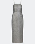 A sleeveless metallic silver midi dress with thin spaghetti straps, shown against a plain light gray background.