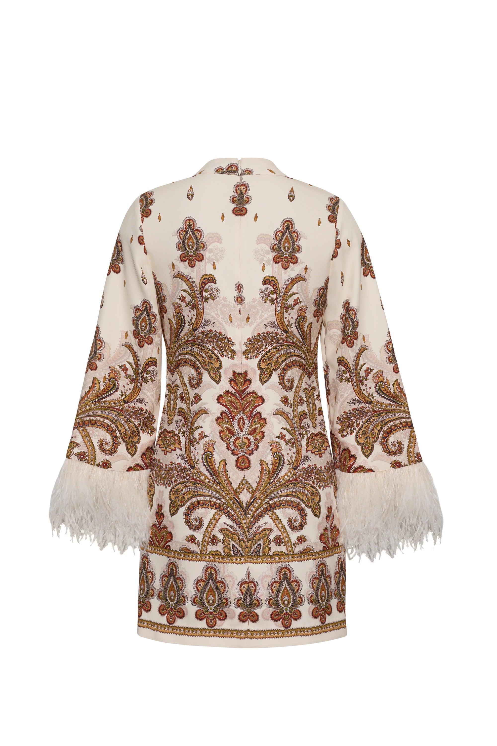 A cream-colored embroidered tunic jacket with intricate brown, gold, and red paisley patterns, featuring white feather trim at the flared cuffs and hem, shown from the back on a white background.