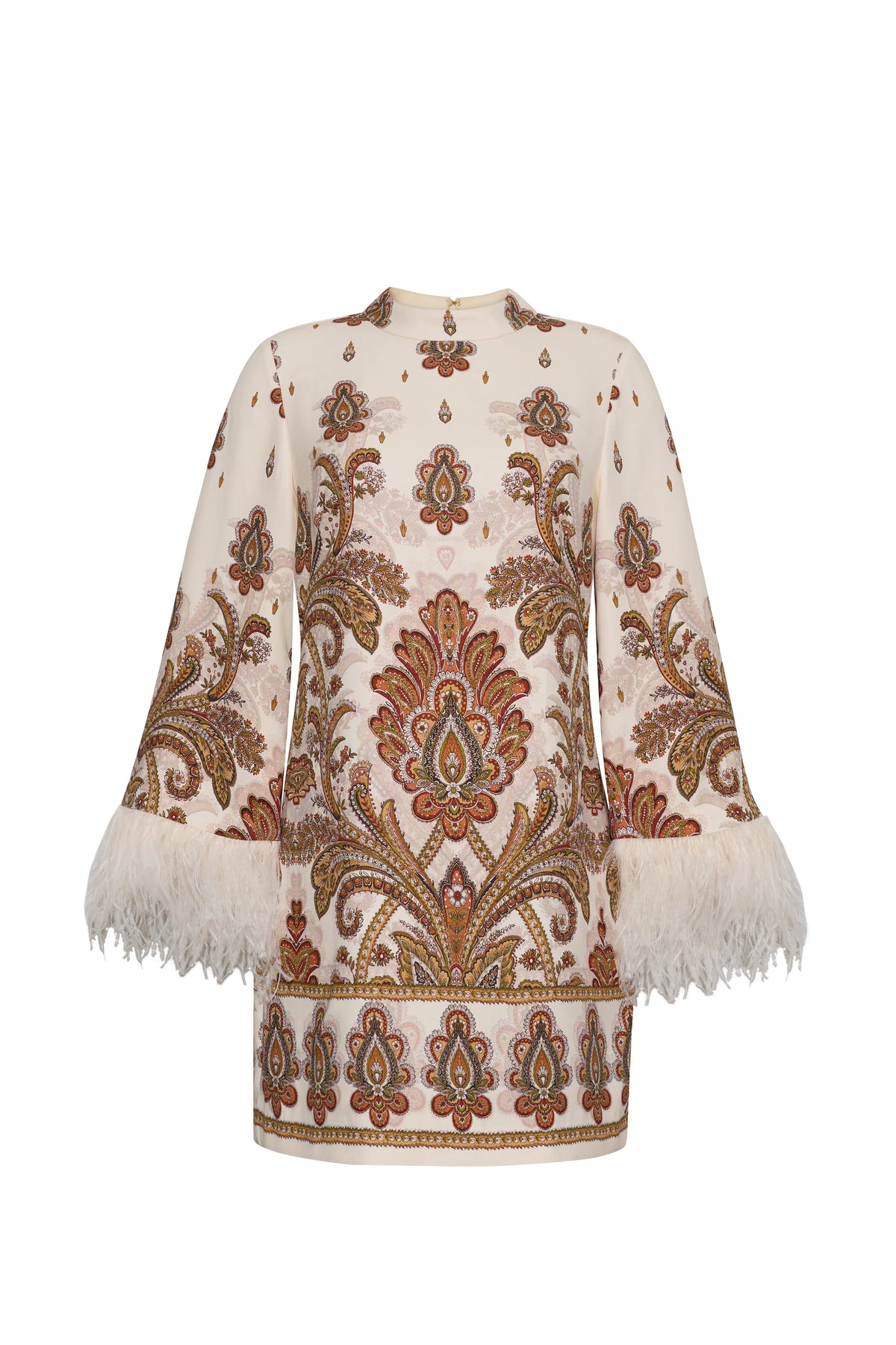 An embroidered cream-colored tunic top featuring intricate brown, gold, and teal paisley patterns, with white feather trim at the flared cuffs and a matching embroidered hem.