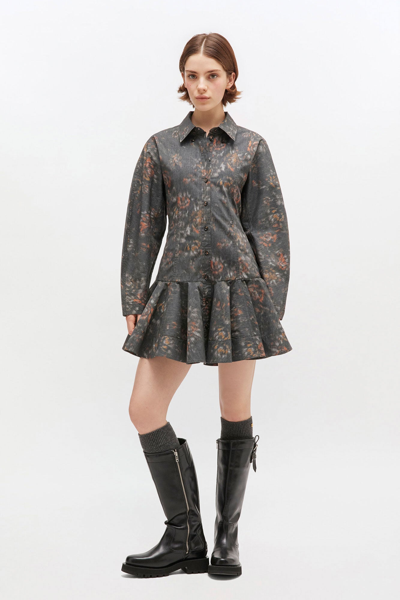 Black Floral Shirt Dress full body front