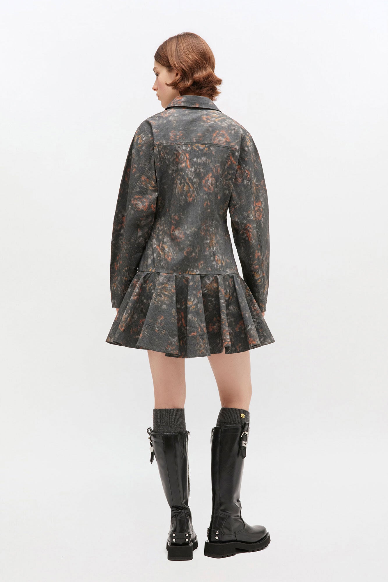 Black Floral Shirt Dress full body back