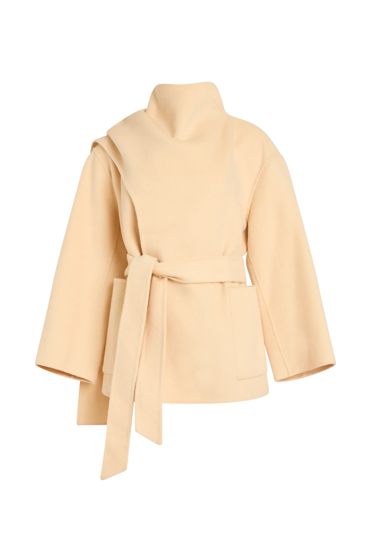 Beige coat with a belt on a white background product view