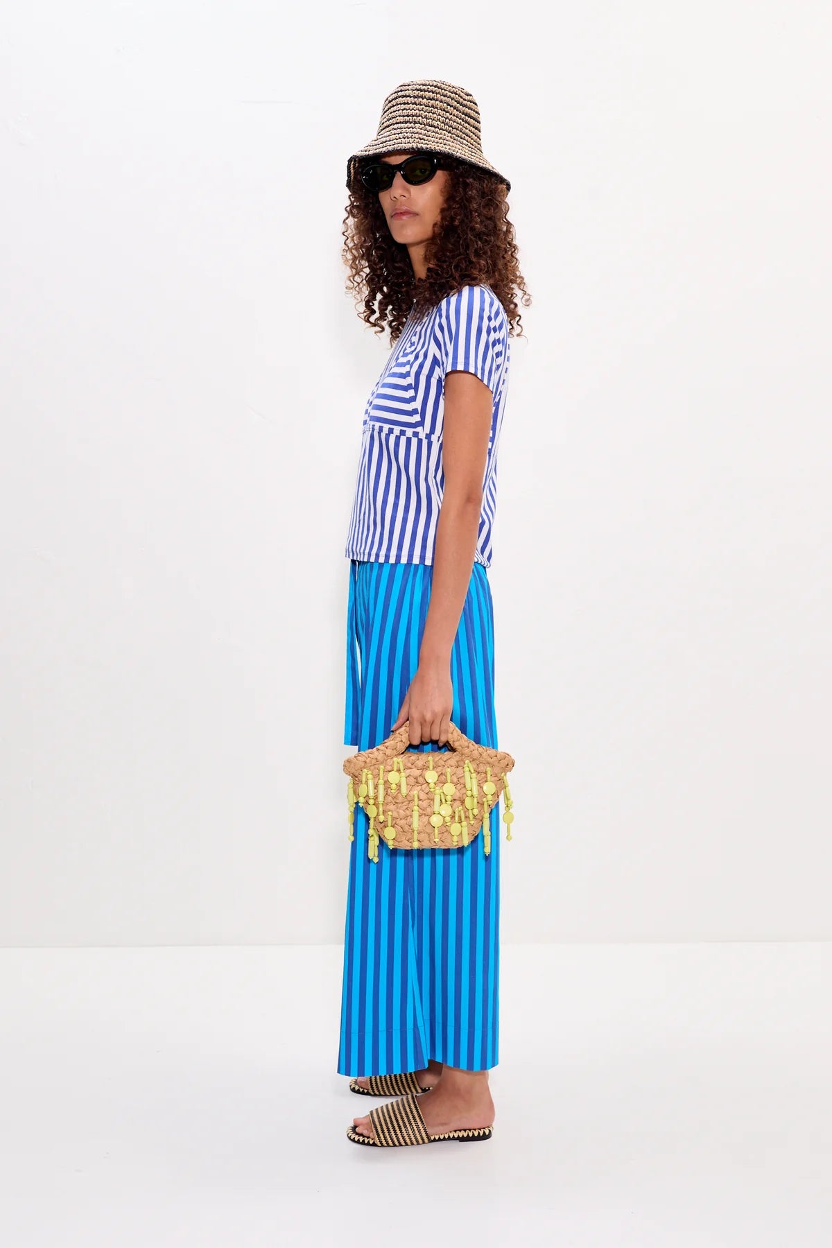 Kini Striped Tee Blue side view with pants