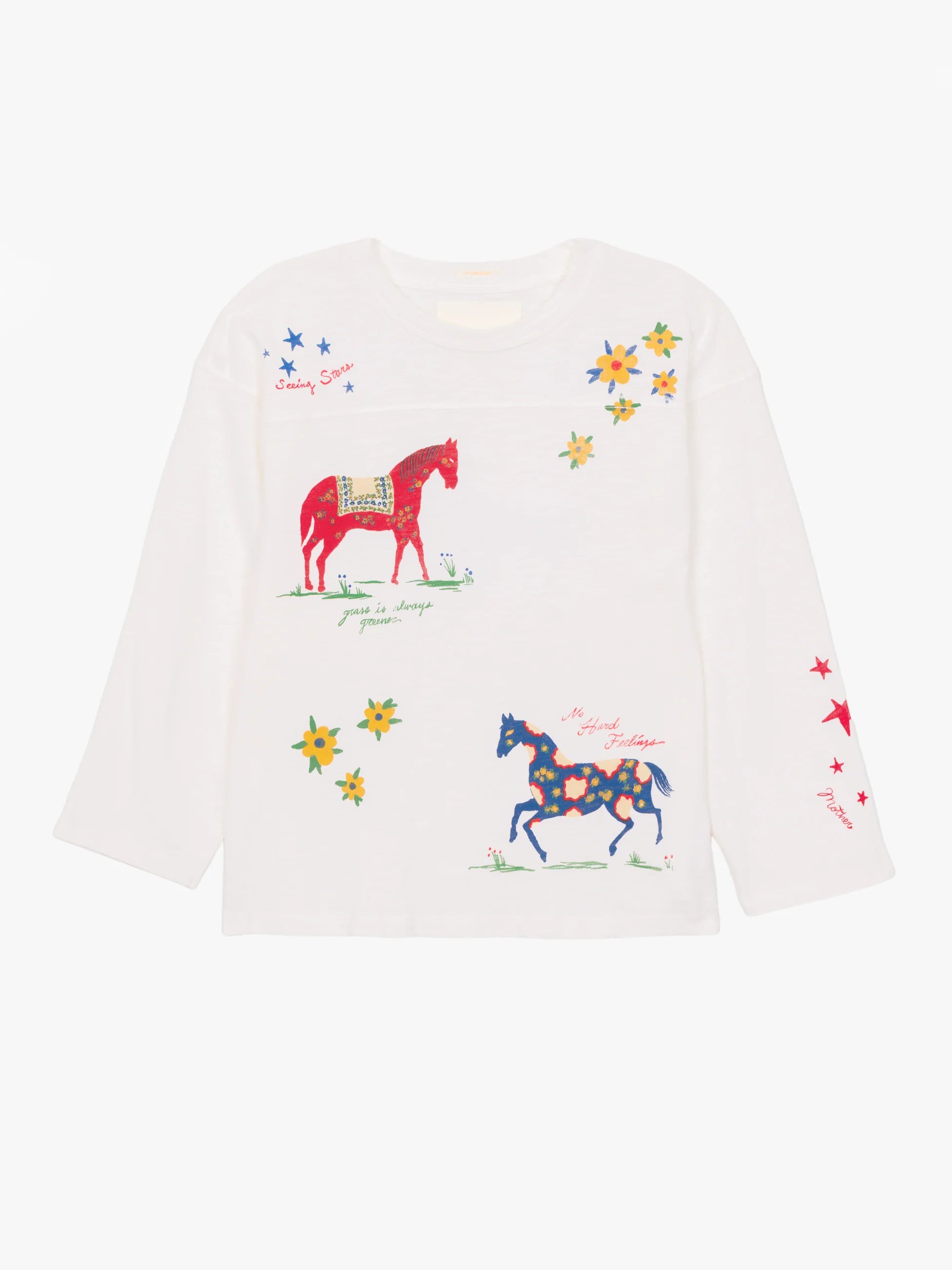 White sweatshirt with horse and floral designs on a white background