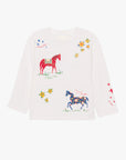 White sweatshirt with horse and floral designs on a white background