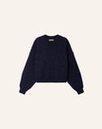 A dark navy blue knit sweater with balloon sleeves, shown flat against a light cream background.