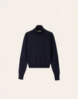A dark navy blue knit mock neck sweater displayed on a clean, solid off-white background.