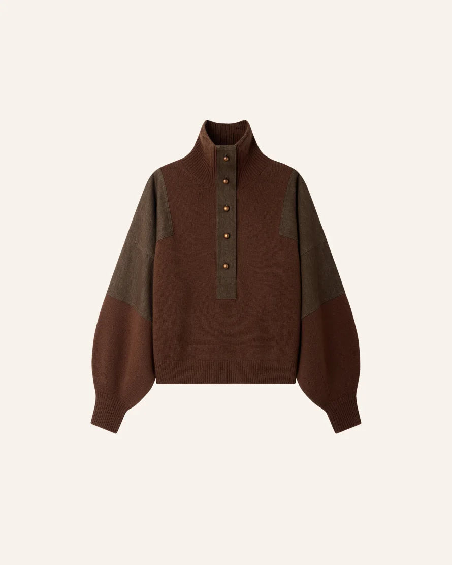 A brown knit sweater with contrasting olive green shoulder panels and a high mock neck, featuring a buttoned placket with gold-tone buttons, shown against a solid off-white background.