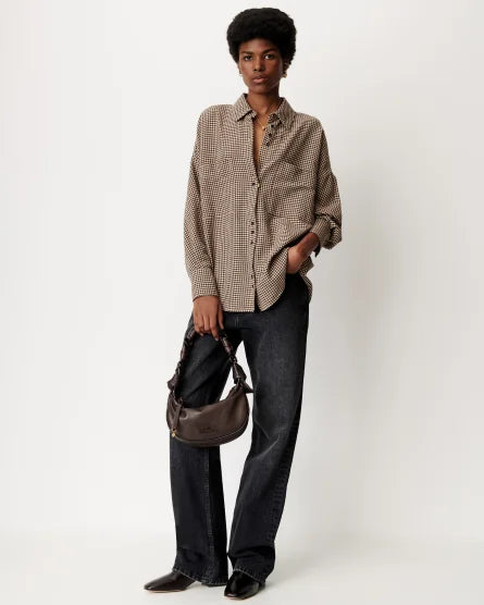 Cecily Top full body front view on model with shirt untucked