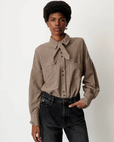 Cecily Top front view on model with shirt tucked in