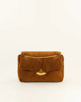 A brown suede shoulder bag with a gold-tone chain strap and a gold-tone fan-shaped clasp, shown against a plain off-white background.