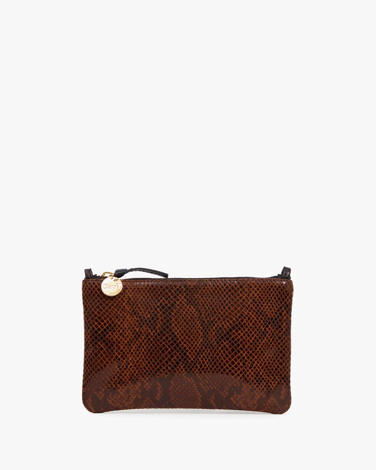 A brown snakeskin-patterned zip pouch with a small gold-tone circular logo charm, displayed against a solid off-white background.