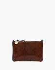 A brown snakeskin-patterned zip pouch with a small gold-tone circular logo charm, displayed against a solid off-white background.
