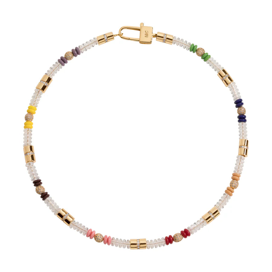 Multicolored beaded bracelet with gold accents on a white background