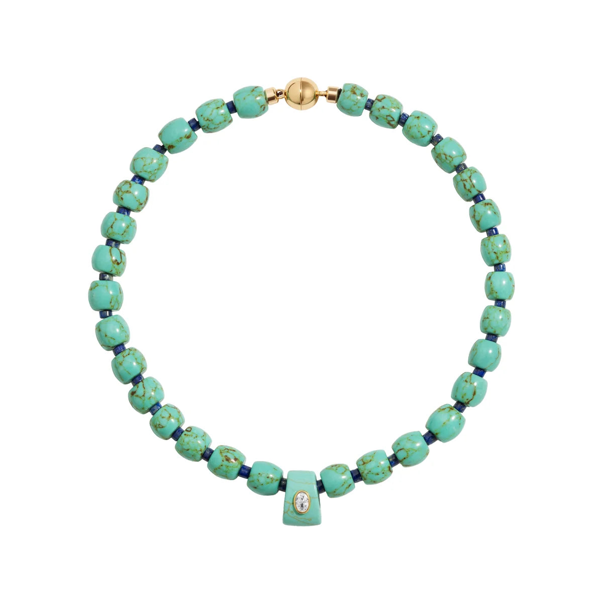 large turquoise beaded necklace with a crystal at the center on a white background 