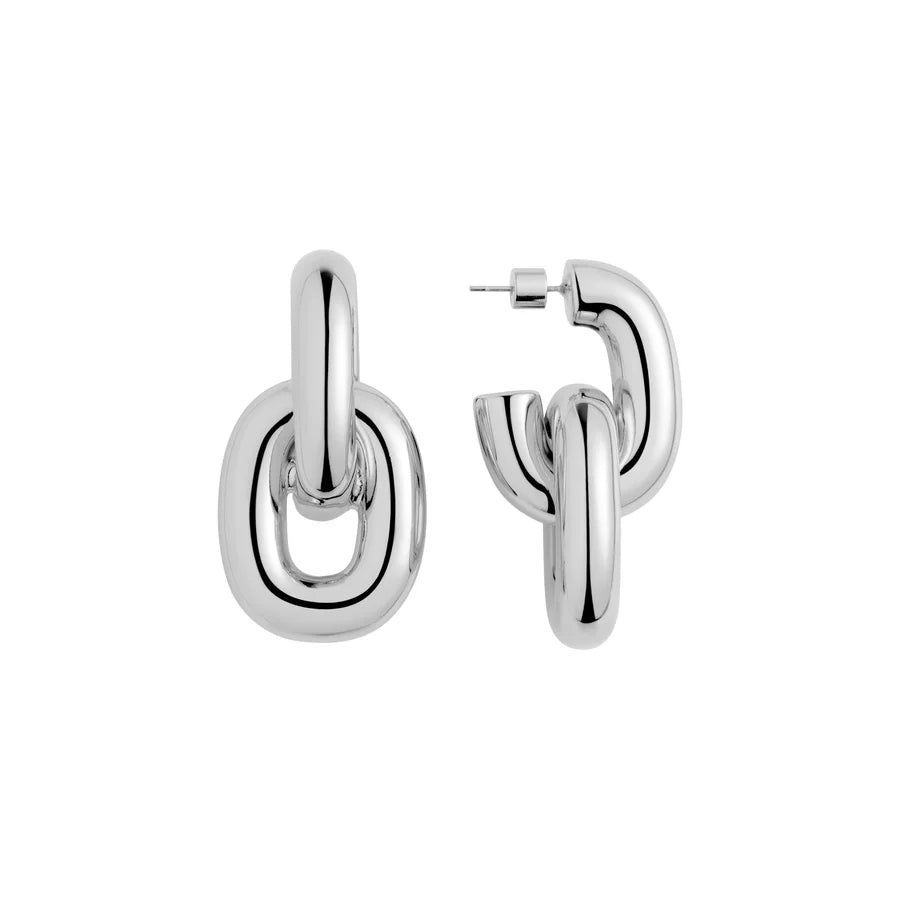 Pair of silver hoop earrings on a white background