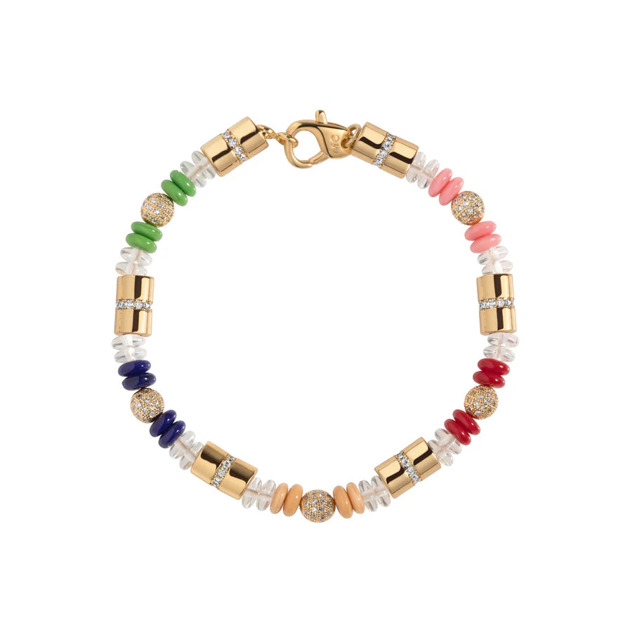 Multicolored beaded bracelet with gold clasp on a white background