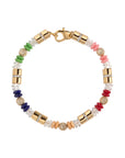 Multicolored beaded bracelet with gold clasp on a white background