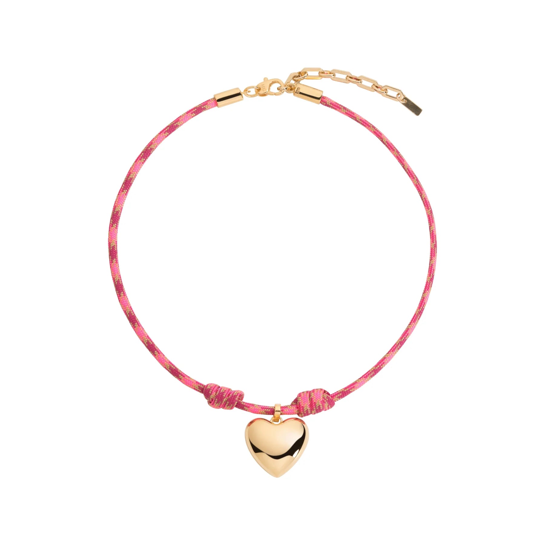 Bracelet with pink cord and gold heart charm on a white background