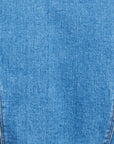 A close-up of blue denim fabric showing the texture and weave of the material.