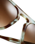Close-up of a pair of sunglasses with tortoiseshell frame and brown lenses on a white background.